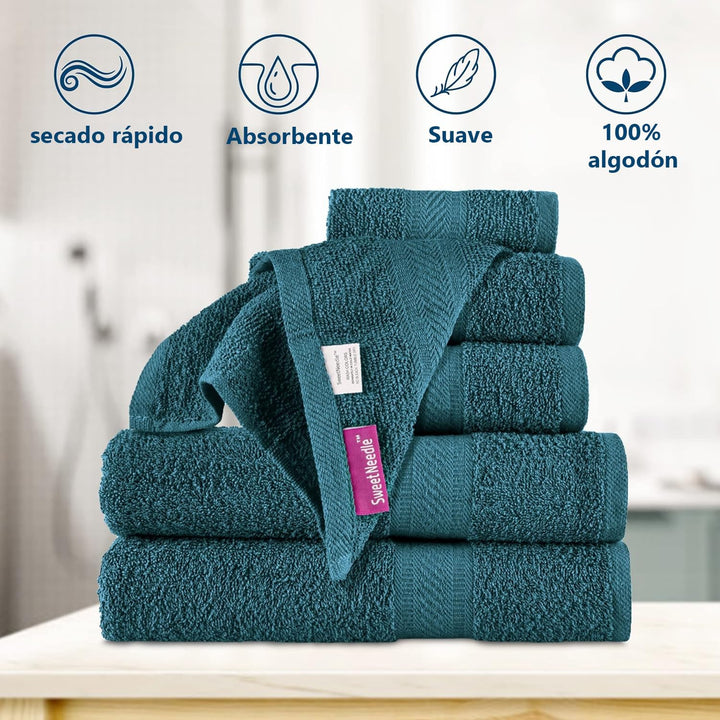 SweetNeedle Juego de Toallas de 6 Piezas 2 Toallas de Baño, 2 Toallas de Mano y 2 Toallitas - Algodón - Calidad Hotelera, Súper Suave y Altamente Absorbente de Secado Rápido (Blanco)