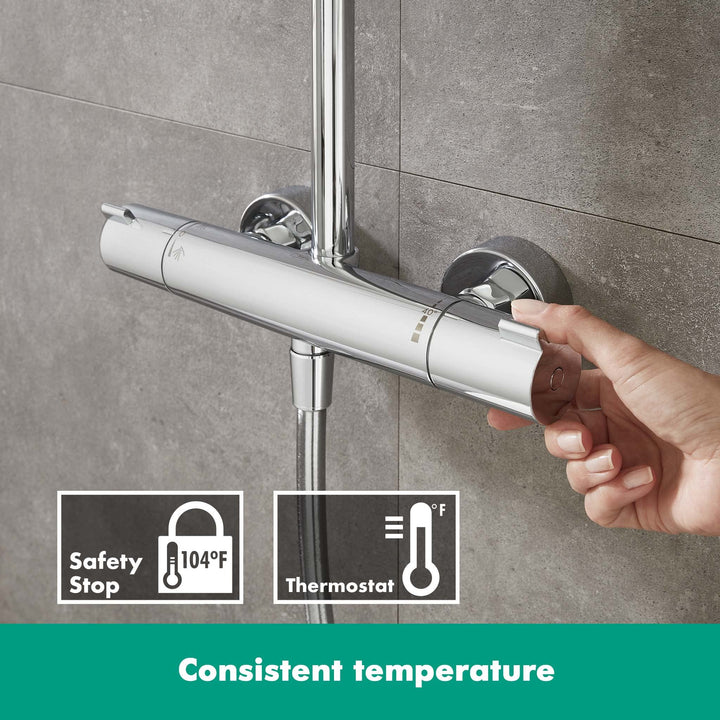 hansgrohe Crometta E - sistema de ducha ahorro de agua (EcoSmart) con termostato, ducha lluvia (240 x 240 mm), ducha de mano (2 tipos de chorro), flexo, barra y ducha fija rectangular, cromo, 27281000