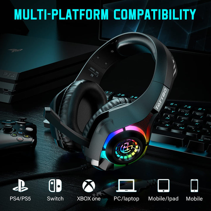 Tatybo Auriculares Gaming para Ps4 Ps5 Xbox PC, Cascos Gaming con Graves Envolventes 3D, Micrófono Reducción de Ruido