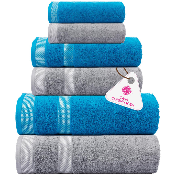 Casa Copenhagen Elegance Juego de Toallas 6 Piezas, Azul Marino + Gris, 550 g/m² 2 Toallas de baño, 2 Toallas de Mano, 2 paños de Suave algodón Egipcio para baño, Cocina y Ducha