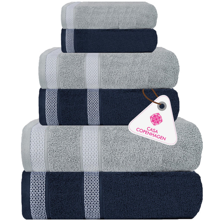 Casa Copenhagen Elegance Juego de Toallas 6 Piezas, Azul Marino + Gris, 550 g/m² 2 Toallas de baño, 2 Toallas de Mano, 2 paños de Suave algodón Egipcio para baño, Cocina y Ducha