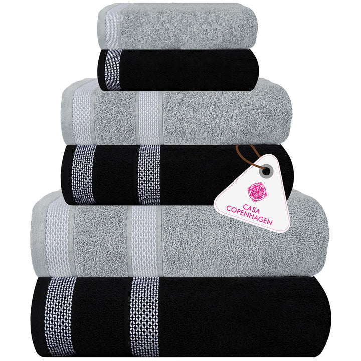 Casa Copenhagen Elegance Juego de Toallas 6 Piezas, Azul Marino + Gris, 550 g/m² 2 Toallas de baño, 2 Toallas de Mano, 2 paños de Suave algodón Egipcio para baño, Cocina y Ducha