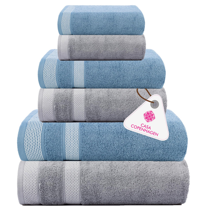 Casa Copenhagen Elegance Juego de Toallas 6 Piezas, Azul Marino + Gris, 550 g/m² 2 Toallas de baño, 2 Toallas de Mano, 2 paños de Suave algodón Egipcio para baño, Cocina y Ducha