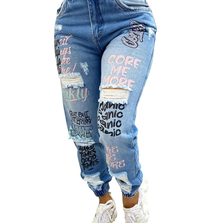 Women's Printed Distressed Denim Jeans