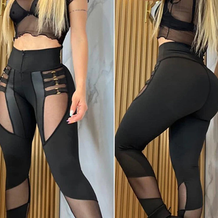 Women's High-Waist Slim Fit Leggings with Sheer Cutout Design