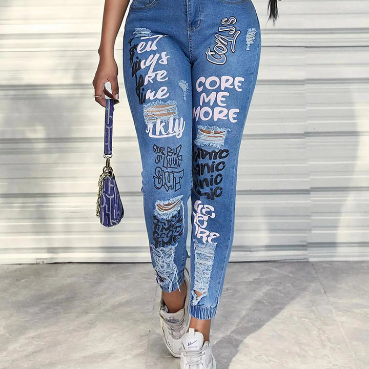 Women's Printed Distressed Denim Jeans