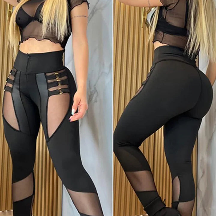 Women's High-Waist Slim Fit Leggings with Sheer Cutout Design