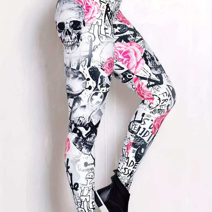 Leggings justas com estampado de caveiras e flores