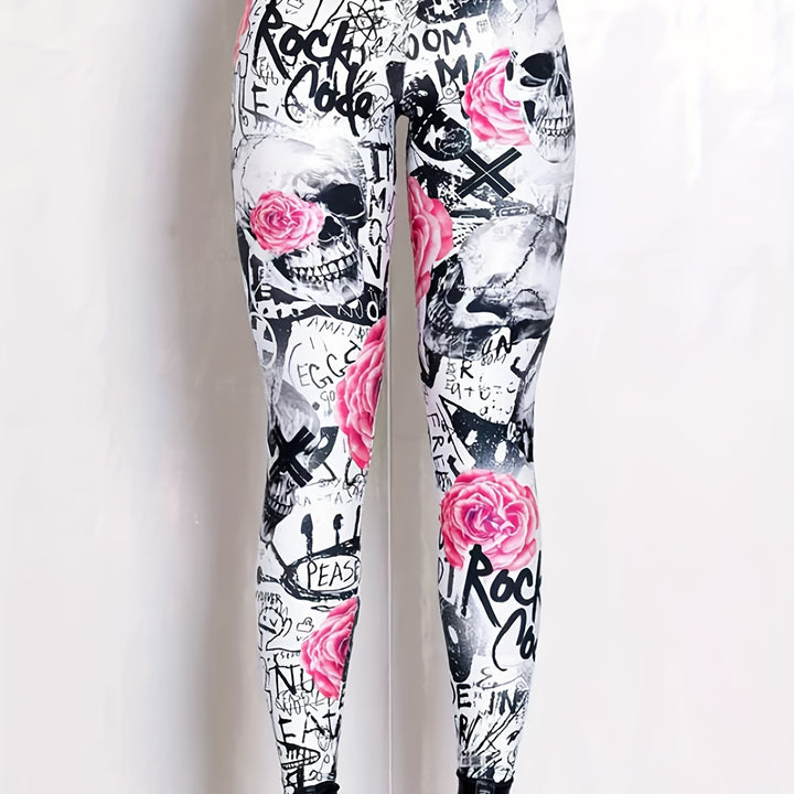 Leggings justas com estampado de caveiras e flores