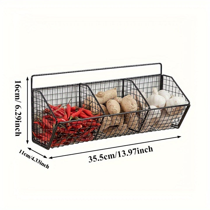 Cesto de armazenamento de metal montado na parede com 3 compartimentos