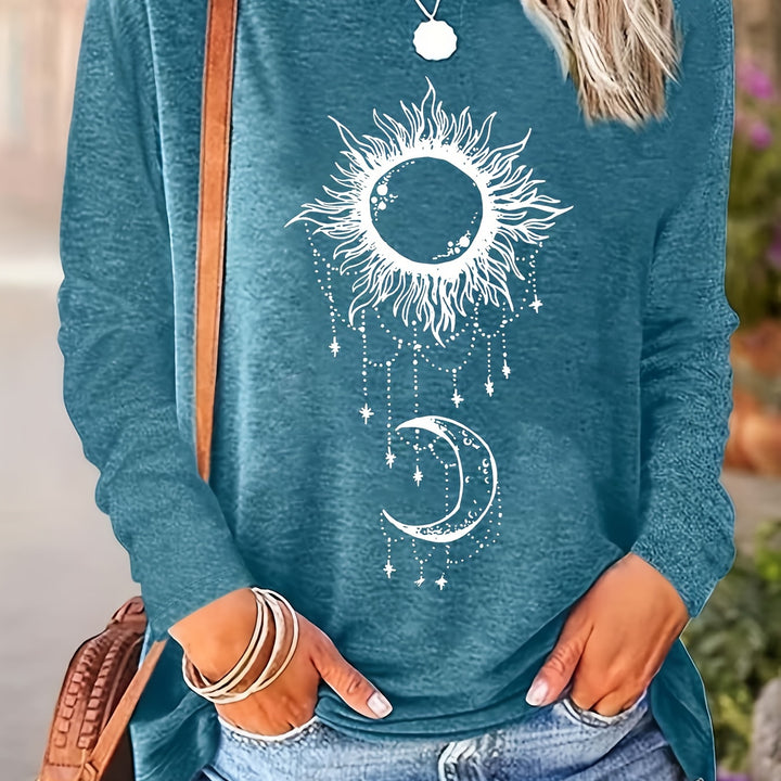 T-shirt de manga comprida casual com estampado de sol e lua